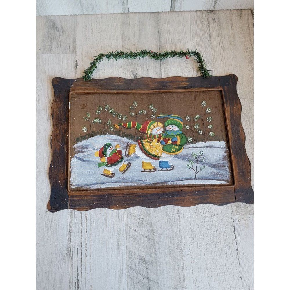 Metal snowman family ice skating picture frame Xmas wall decor‎